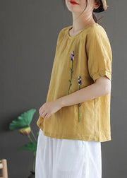 Beautiful Ginger Solid Floral Embroidered Linen Tops Short Sleeve