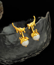 Beautiful Gold Copper Overgild Glass Pearl Stud Earrings
