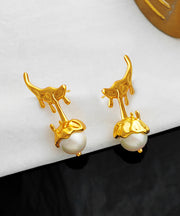 Beautiful Gold Copper Overgild Glass Pearl Stud Earrings