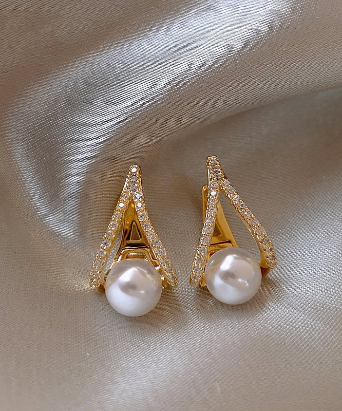 Beautiful Gold Sterling Silver Alloy Pearl Zircon Stud Earrings