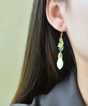 Beautiful Gold Sterling Silver Inlaid Jade Orchid Enamel Drop Earrings