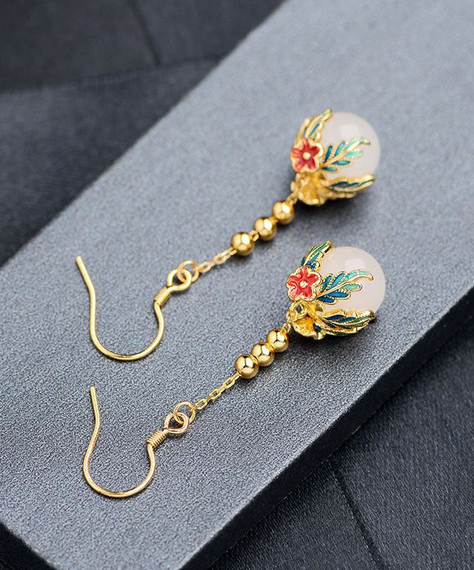 Beautiful Gold Sterling Silver Jade Enamel Floral Drop Earrings