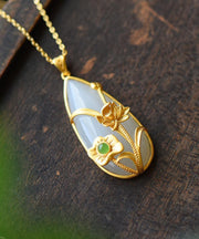 Beautiful Gold Sterling Silver Overgild Inlaid Jade Lotus Water Dro Pendant Necklace