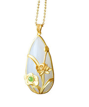 Beautiful Gold Sterling Silver Overgild Inlaid Jade Lotus Water Dro Pendant Necklace