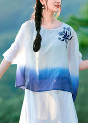 Beautiful Gradient Color O Neck Embroidered Linen T Shirt Summer