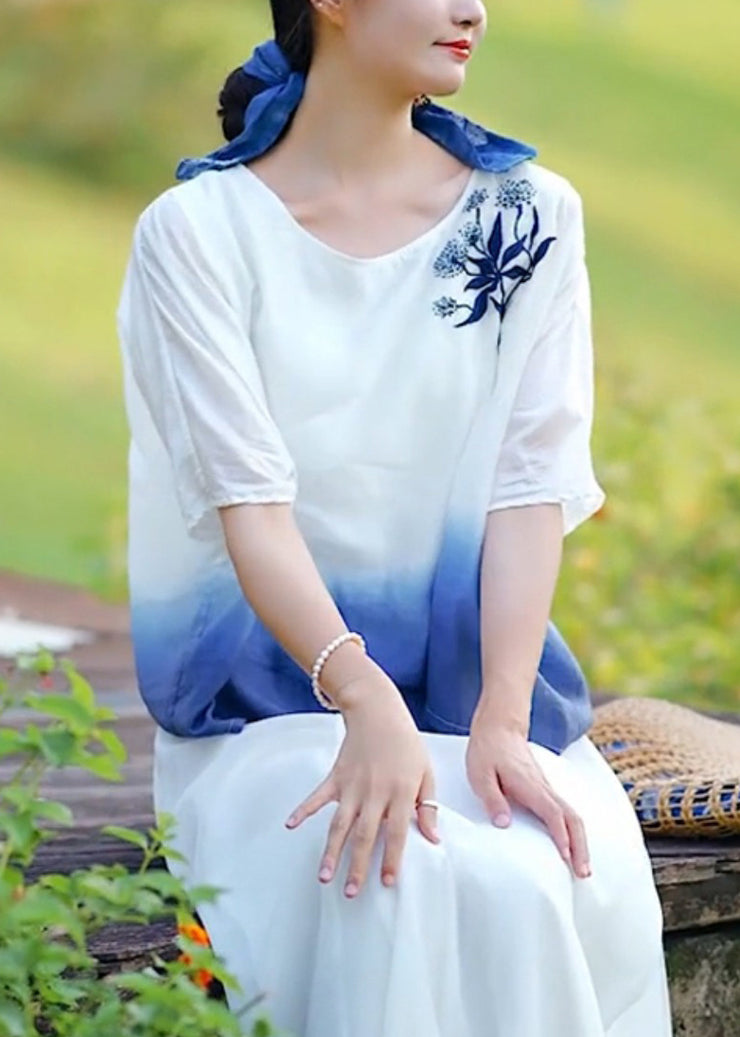 Beautiful Gradient Color O Neck Embroidered Linen T Shirt Summer