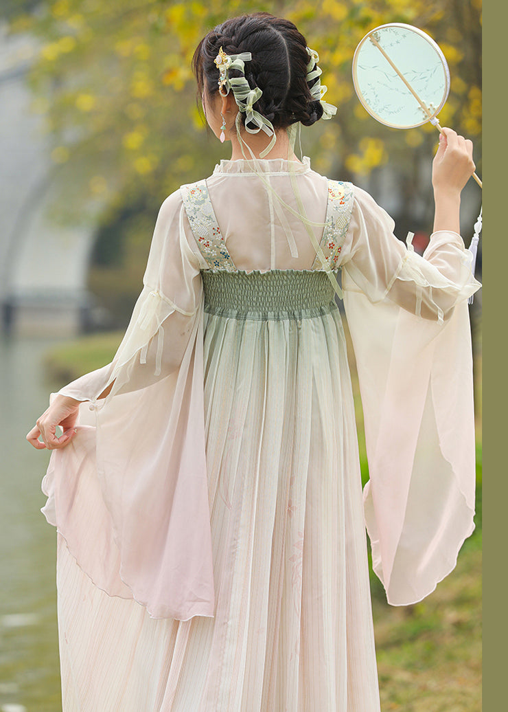 Beautiful Gradient Color Ruffled Embroidered Lace Up Chiffon Two Pieces Set Fall