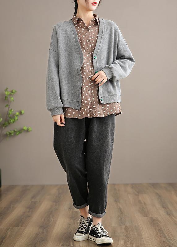 Beautiful Gray Fashion Clothes Pattern V Neck Button Down Spring outwears - SooLinen