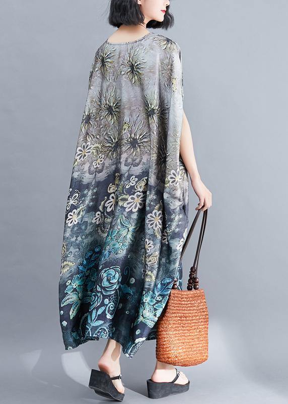 Beautiful Gray Print Long O Neck Baggy  Summer Dress - SooLinen