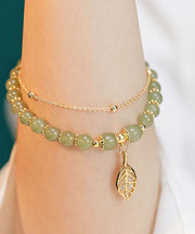 Beautiful Green 18K Gold Inlaid Jade Zircon Leaf Charm Bracelet