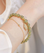 Beautiful Green 18K Gold Inlaid Jade Zircon Leaf Charm Bracelet