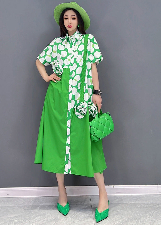 Beautiful Green Asymmetrical Design Dot Print Cotton Shirt Dresses Short Sleeve