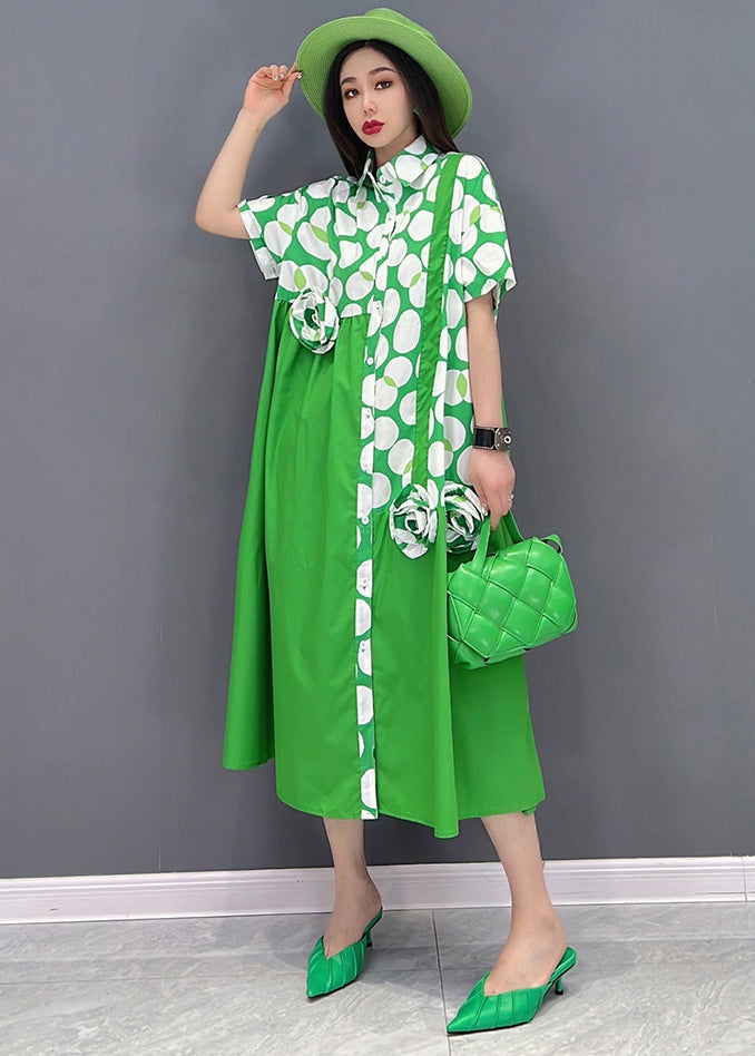 Wunderschönes grünes asymmetrisches Design Punktdruck-Baumwollhemdkleider mit kurzen Ärmeln