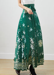 Beautiful Green Bamboo Leaf Print Exra Large Hem Silk Pleated Skirts Fall