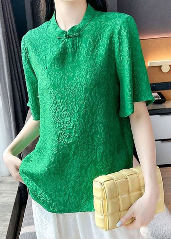 Beautiful Green Chinese Button Jacquard Patchwork Silk Blouse Tops Short Sleeve