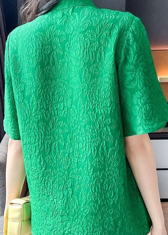 Beautiful Green Chinese Button Jacquard Patchwork Silk Blouse Tops Short Sleeve