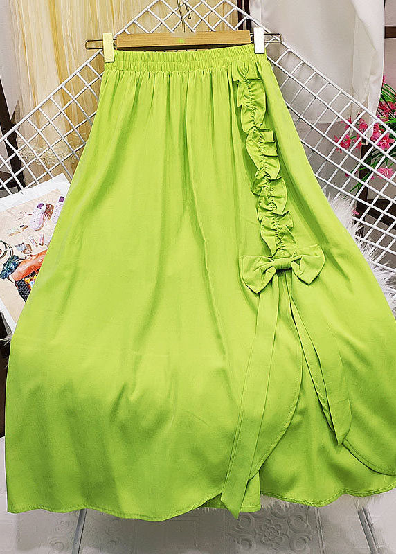 Beautiful Green Elastic Waist Bow Ruffles Side Open Cotton Skirt Summer