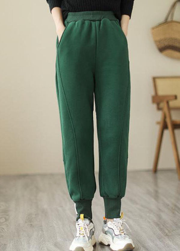 Beautiful Green Elastic Waist Pockets Warm Fleece Pants Winter
