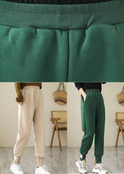 Beautiful Green Elastic Waist Pockets Warm Fleece Pants Winter