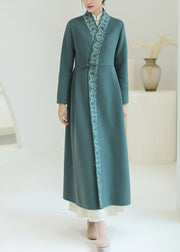 Beautiful Green Embroidered Chinese Button Woolen Trench Coats Winter
