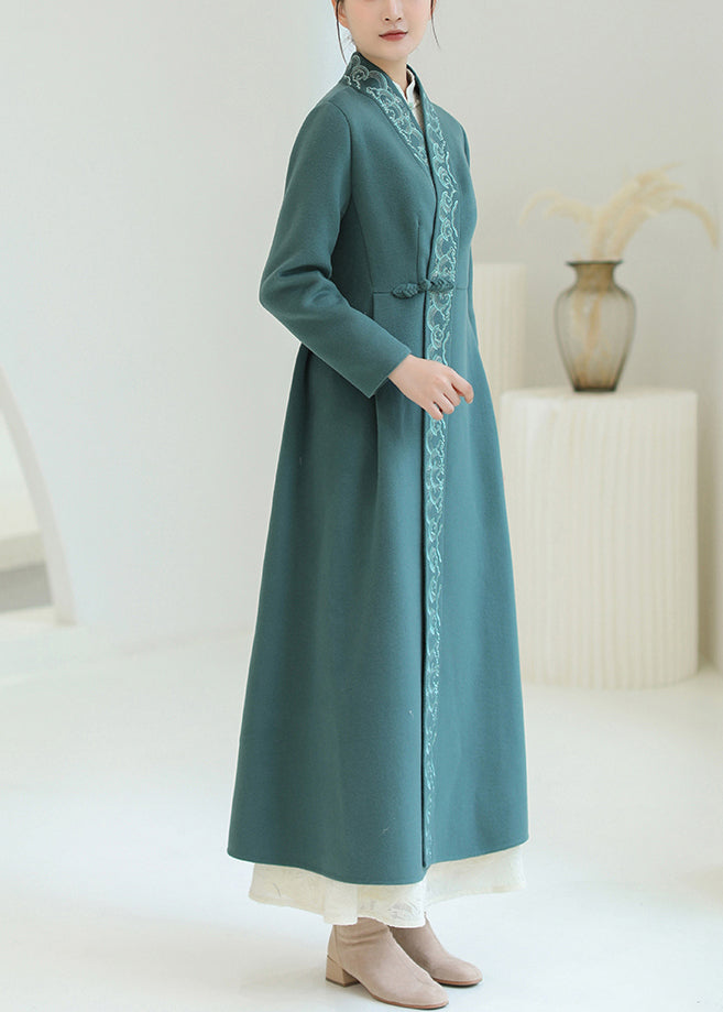 Beautiful Green Embroidered Chinese Button Woolen Trench Coats Winter