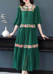 Beautiful Green Embroidered Floral Silk Dress