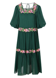 Beautiful Green Embroidered Floral Silk Dress