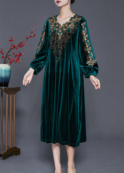 Beautiful Green Embroidered Hollow Out Silk Velour Dress Fall
