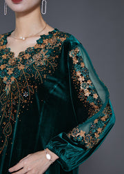 Beautiful Green Embroidered Hollow Out Silk Velour Dress Fall