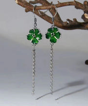 Beautiful Green Floral Tassel Patchwork Silver Drop Earrings