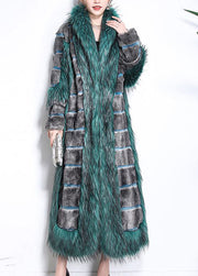 Beautiful Green Fur Collar Patchwork Striped Fuzzy Fur Fluffy Coats Winter