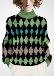 Beautiful Green High Neck Print Wool Knitted Tops Winter