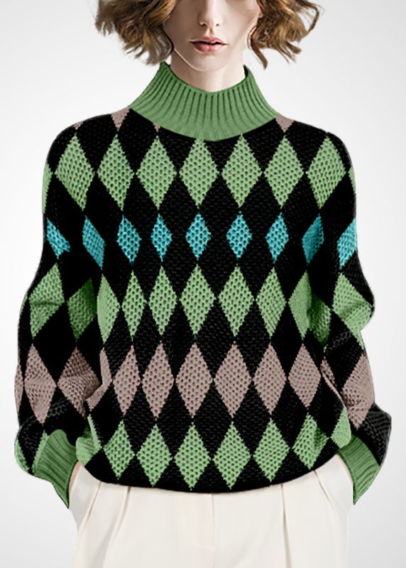 Beautiful Green High Neck Print Wool Knitted Tops Winter