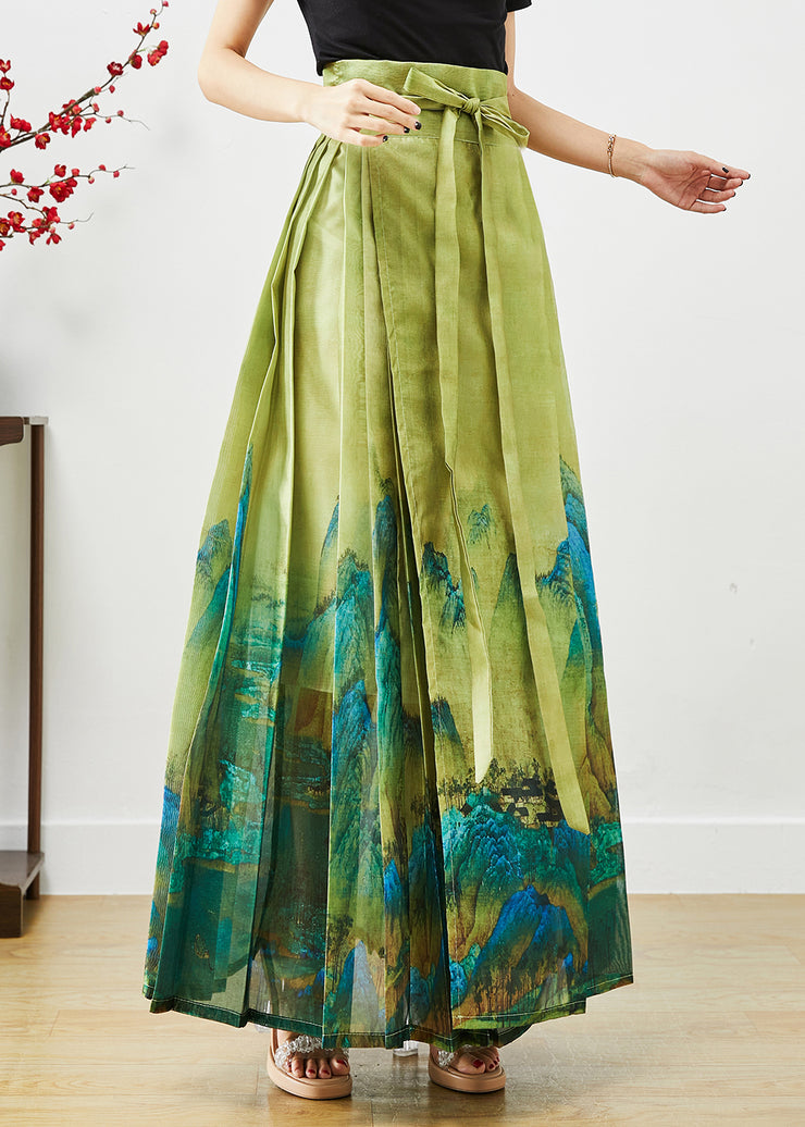 Beautiful Green High Waist Print Pleated Skirt Fall
