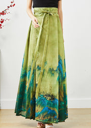 Beautiful Green High Waist Print Pleated Skirt Fall