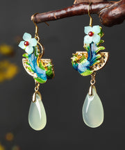 Beautiful Green Jade Cloisonne Synthetic Flower Gem Stone Drip Drop Earrings