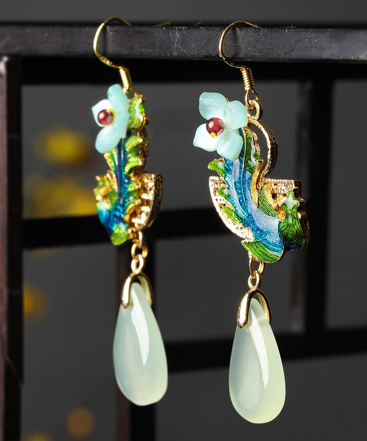 Beautiful Green Jade Cloisonne Synthetic Flower Gem Stone Drip Drop Earrings