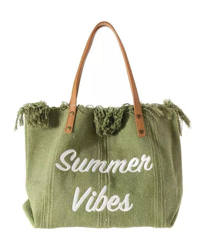 Beautiful Green Letter Embroidery Canvas Oversize Tote Handbag