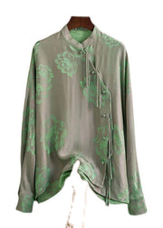 Schönes grünes Stehkragen-Knopfdruck-Seidenhemd-Oberteil Frühling