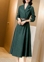 Beautiful Green Notched Collar Sashes Slim Fit Corduroy Maxi Dresses Spring