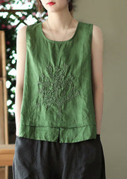 Beautiful Green O-Neck Embroidered Patchwork Side Open Linen Vest Summer