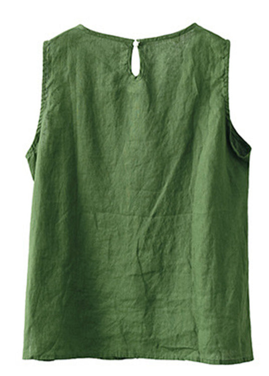 Beautiful Green O-Neck Embroidered Patchwork Side Open Linen Vest Summer