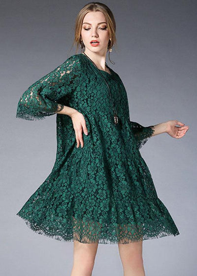 Beautiful Green O-Neck Lace Spring Vacation Dress Half Sleeve - SooLinen