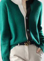 Beautiful Green O-Neck Patchwork Button Wool Knit Cardigans Winter