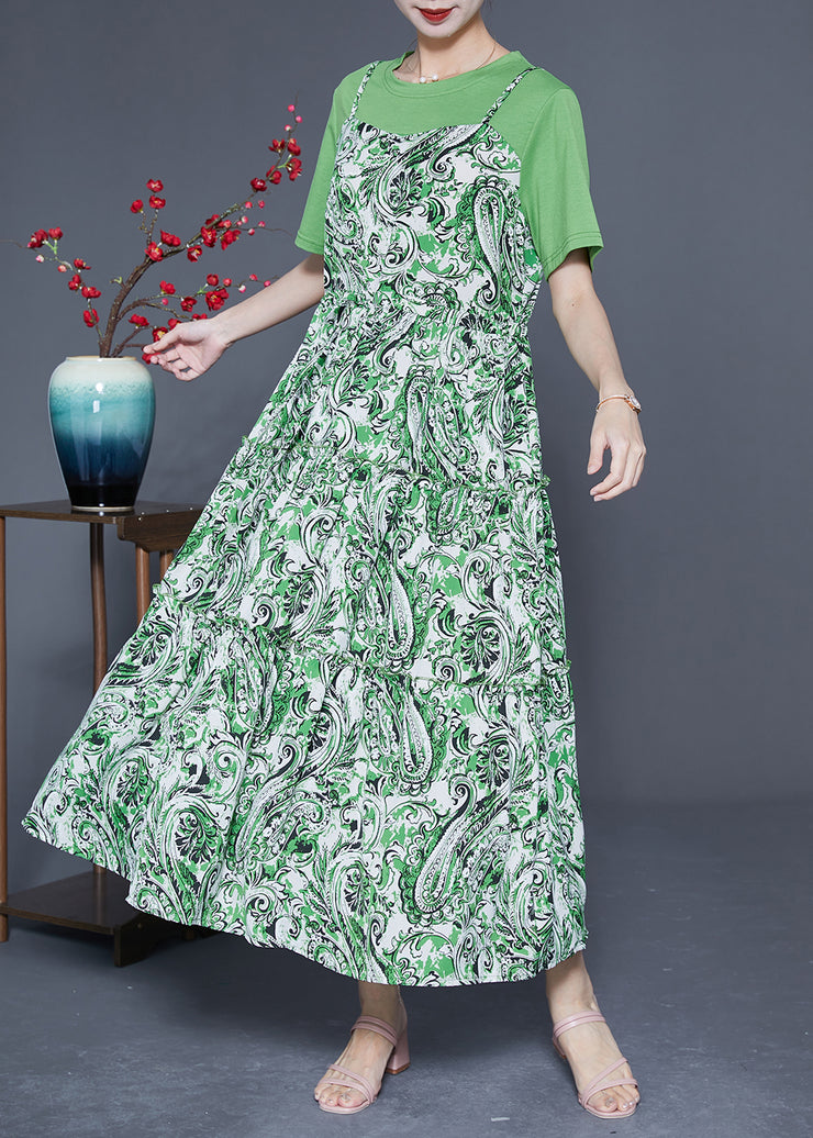 Beautiful Green O-Neck Patchwork Exra Large Hem Chiffon Fake Two Piece Dresses Summer