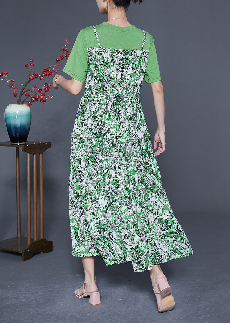 Beautiful Green O-Neck Patchwork Exra Large Hem Chiffon Fake Two Piece Dresses Summer