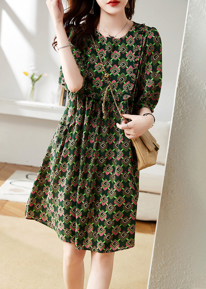 Beautiful Green O-Neck Print Chiffon Maxi Dress Summer