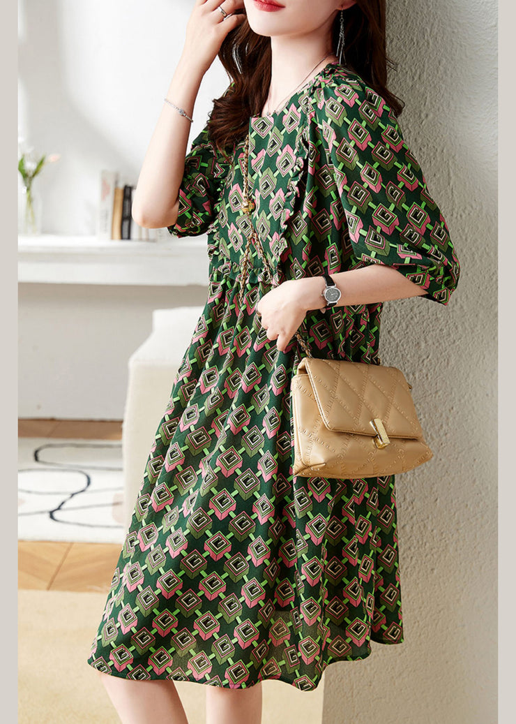 Beautiful Green O-Neck Print Chiffon Maxi Dress Summer