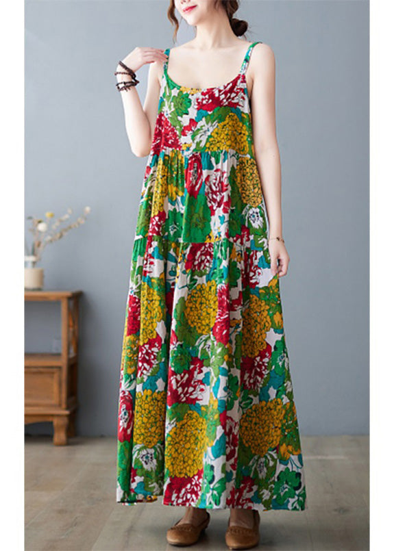 Beautiful Green O-Neck Print Wrinkled Cotton Slip Long Dress Summer