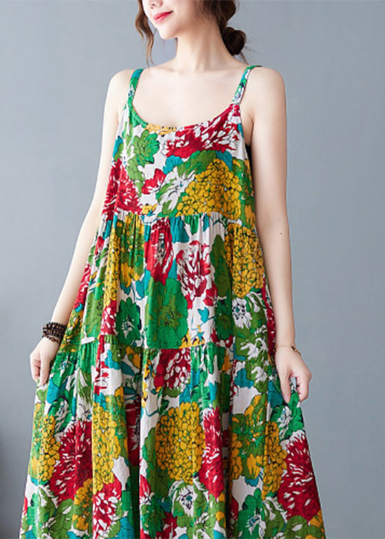 Beautiful Green O-Neck Print Wrinkled Cotton Slip Long Dress Summer